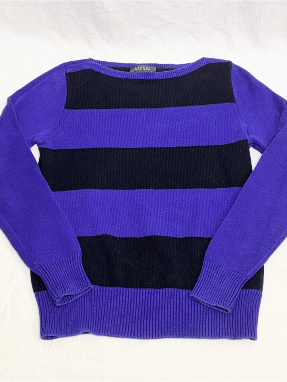 Lauren Ralph Lauren Woman’s Cotton Black Blue Striped Cropped Sweater Size M